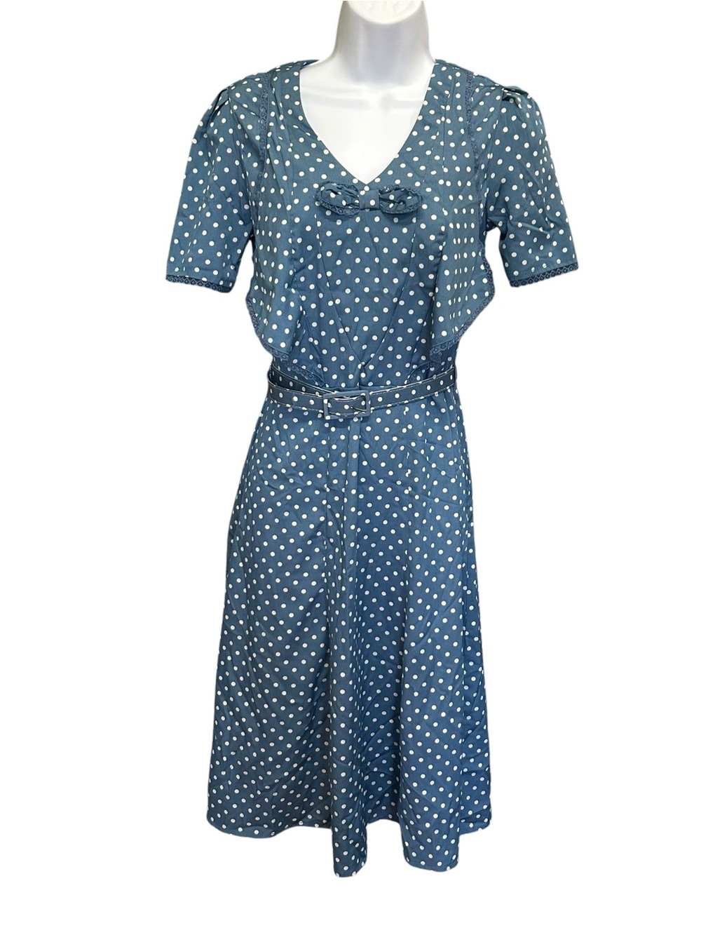 Hell Bunny Vixen Belted Rockabilly Blue White Polka Dot Dress Size XS